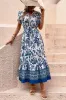 White and Blue Floral A Line Summer Dress with Short Sleeves sold by Zapaka