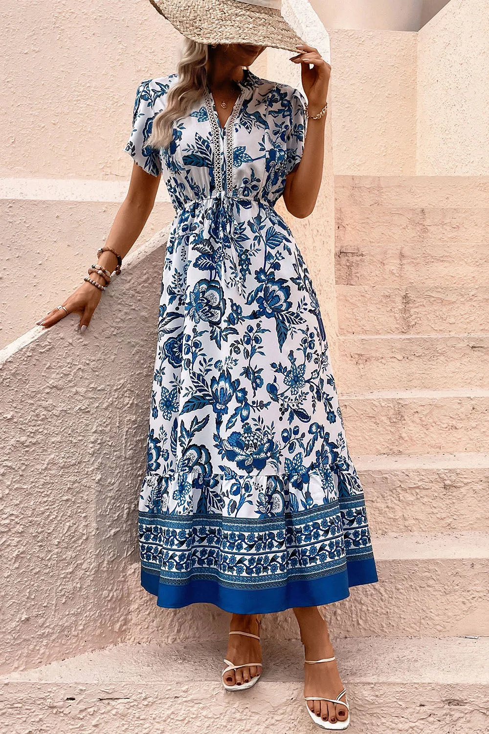 White and Blue Floral A Line Summer Dress with Short Sleeves sold by Zapaka product image thumbnail 5