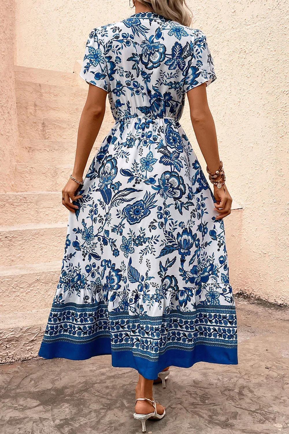 White and Blue Floral A Line Summer Dress with Short Sleeves sold by Zapaka product image thumbnail 2