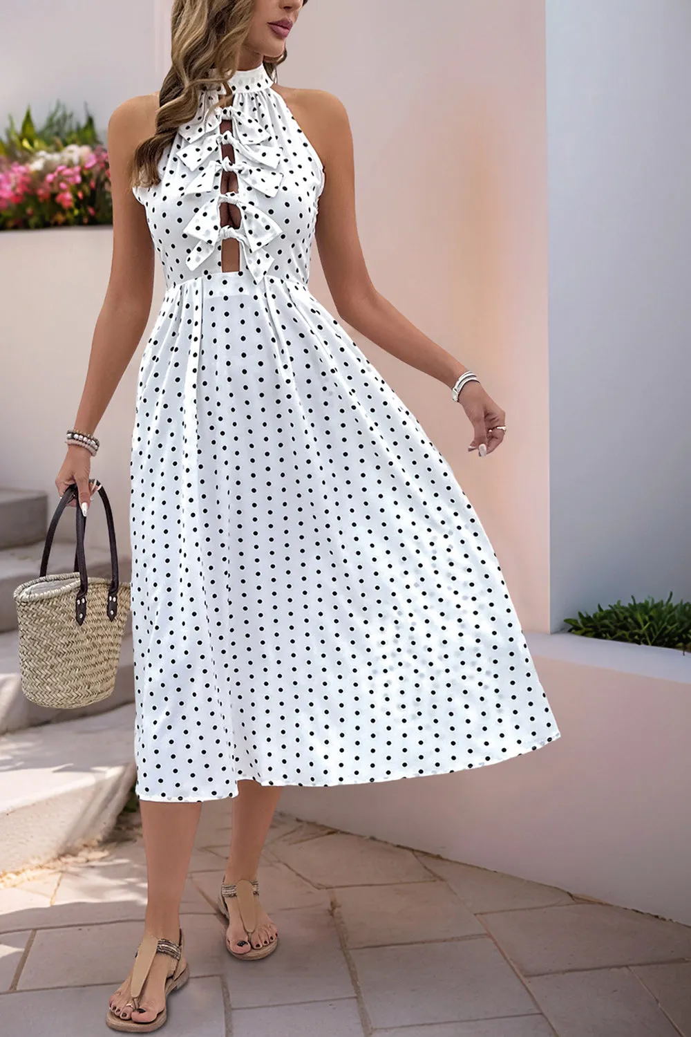 White Black Polka Dot Halter Summer Dress With Bow sold by Zapaka product image thumbnail 5