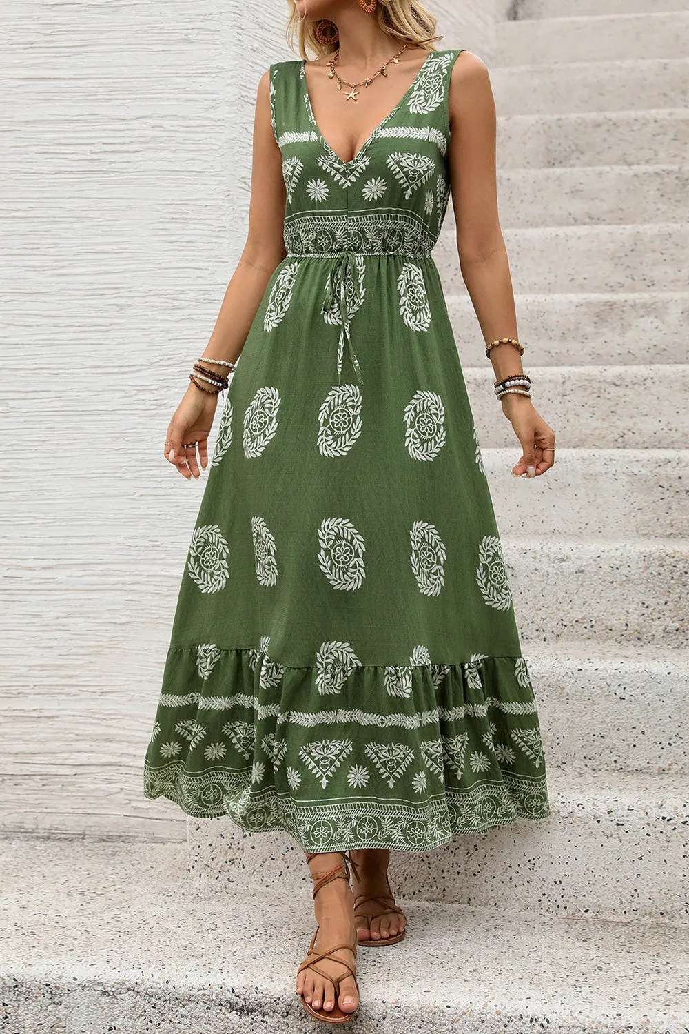 Army Green Printed A Line Long Summer Dress sold by Zapaka