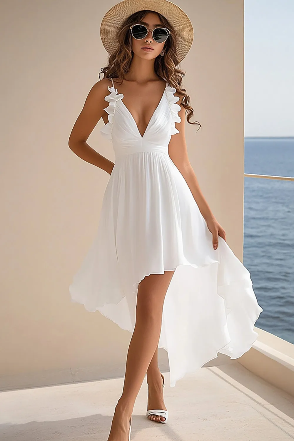 A Line V Neck Ruffled Chiffon Graduation Dress sold by Zapaka