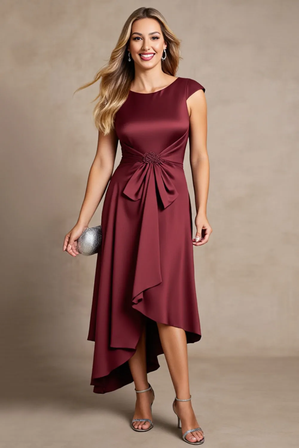 Burgundy A Line Ruched Asymmetrical Mother Of The Bride Dress sold by Zapaka