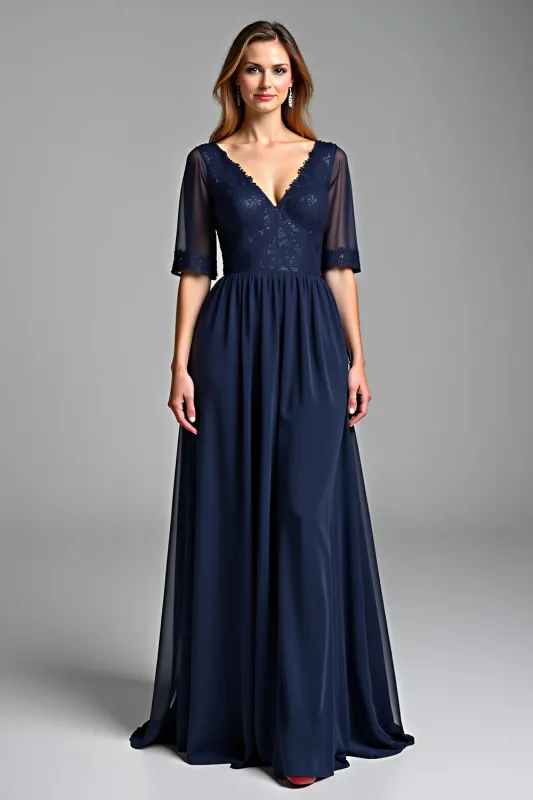 Navy A Line V Neck Long Mother Of The Bride Dress sold by Zapaka
