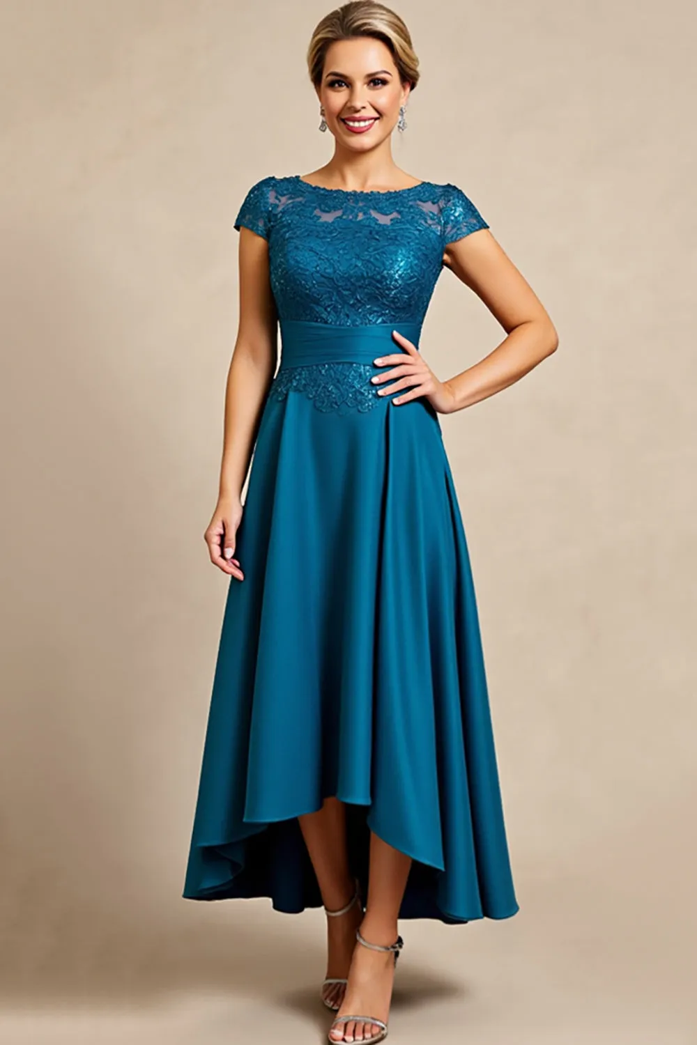 Peacock Blue A Line Long Mother of the Bride Dress with Lace sold by Zapaka
