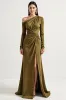 Long Sleeve Olive One Shoulder Mother Of The Bride Dress With Slit sold by Zapaka