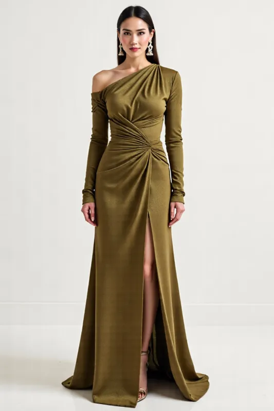 Long Sleeve Olive One Shoulder Mother Of The Bride Dress With Slit sold by Zapaka