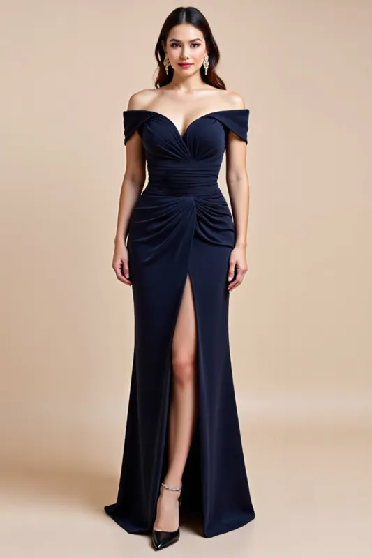 Off The Shoulder Navy Sheath Mother Of The Bride Dress With Slit sold by Zapaka