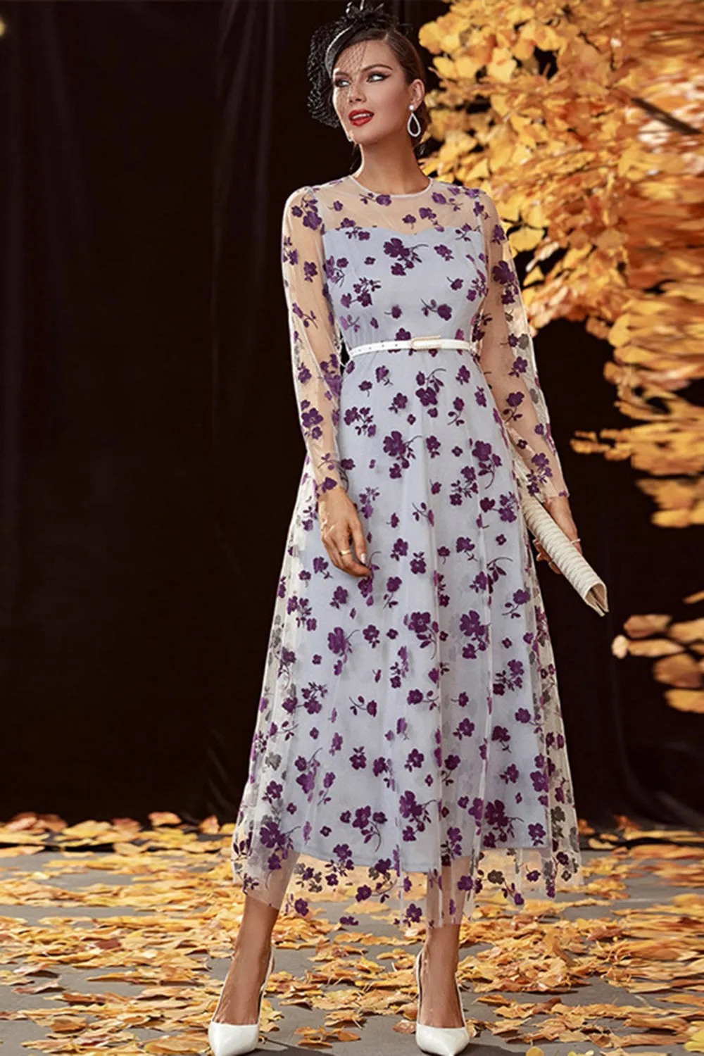 Sliver A Line Tea Length Mother of the Bride Dress with Long Sleeves sold by Zapaka product image thumbnail 5