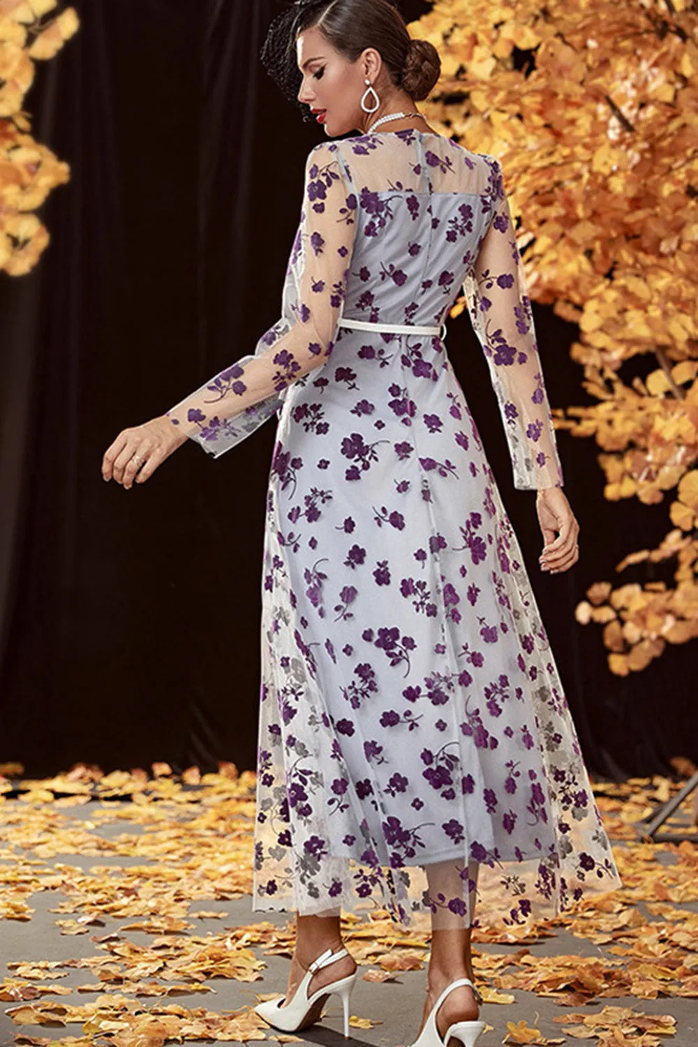 Sliver A Line Tea Length Mother of the Bride Dress with Long Sleeves sold by Zapaka product image thumbnail 2