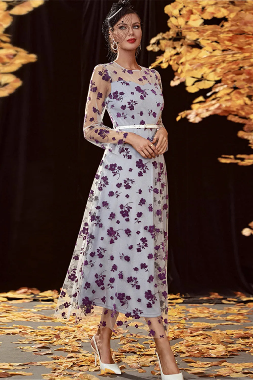 Sliver A Line Tea Length Mother of the Bride Dress with Long Sleeves sold by Zapaka product image thumbnail 3