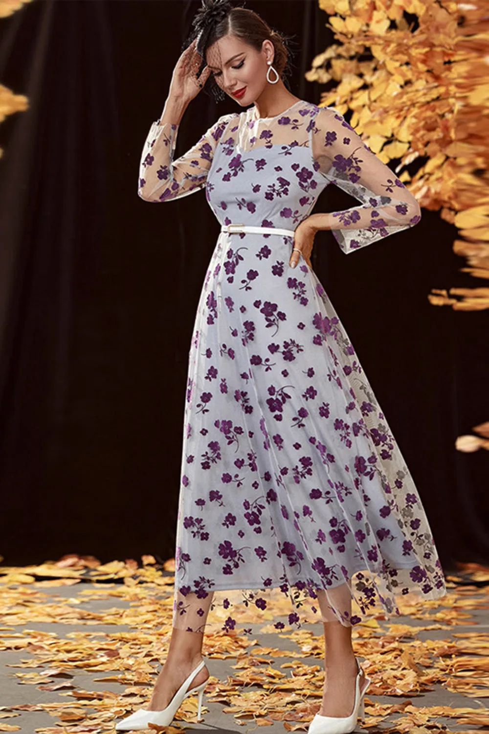 Sliver A Line Tea Length Mother of the Bride Dress with Long Sleeves sold by Zapaka product image thumbnail 4
