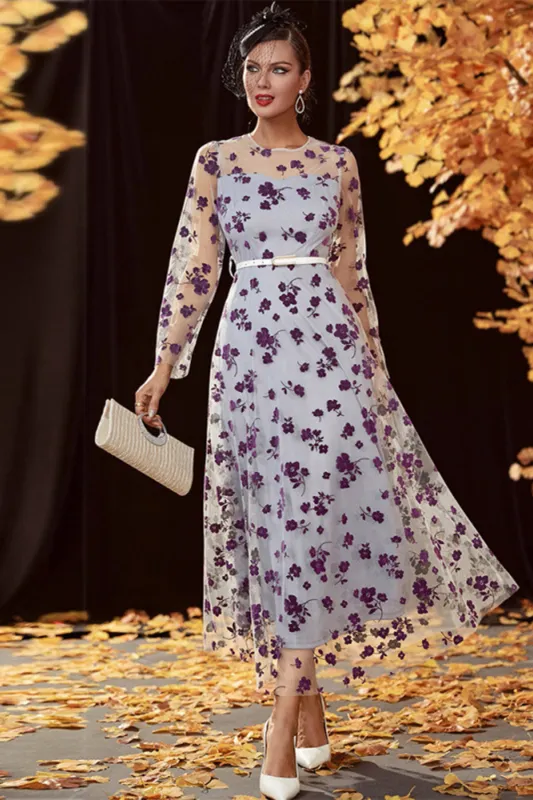 Sliver A Line Tea Length Mother of the Bride Dress with Long Sleeves sold by Zapaka