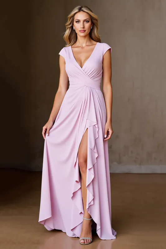 Candy Pink A Line Ruffled Long Mother of the Bride Dress with Slit sold by Zapaka