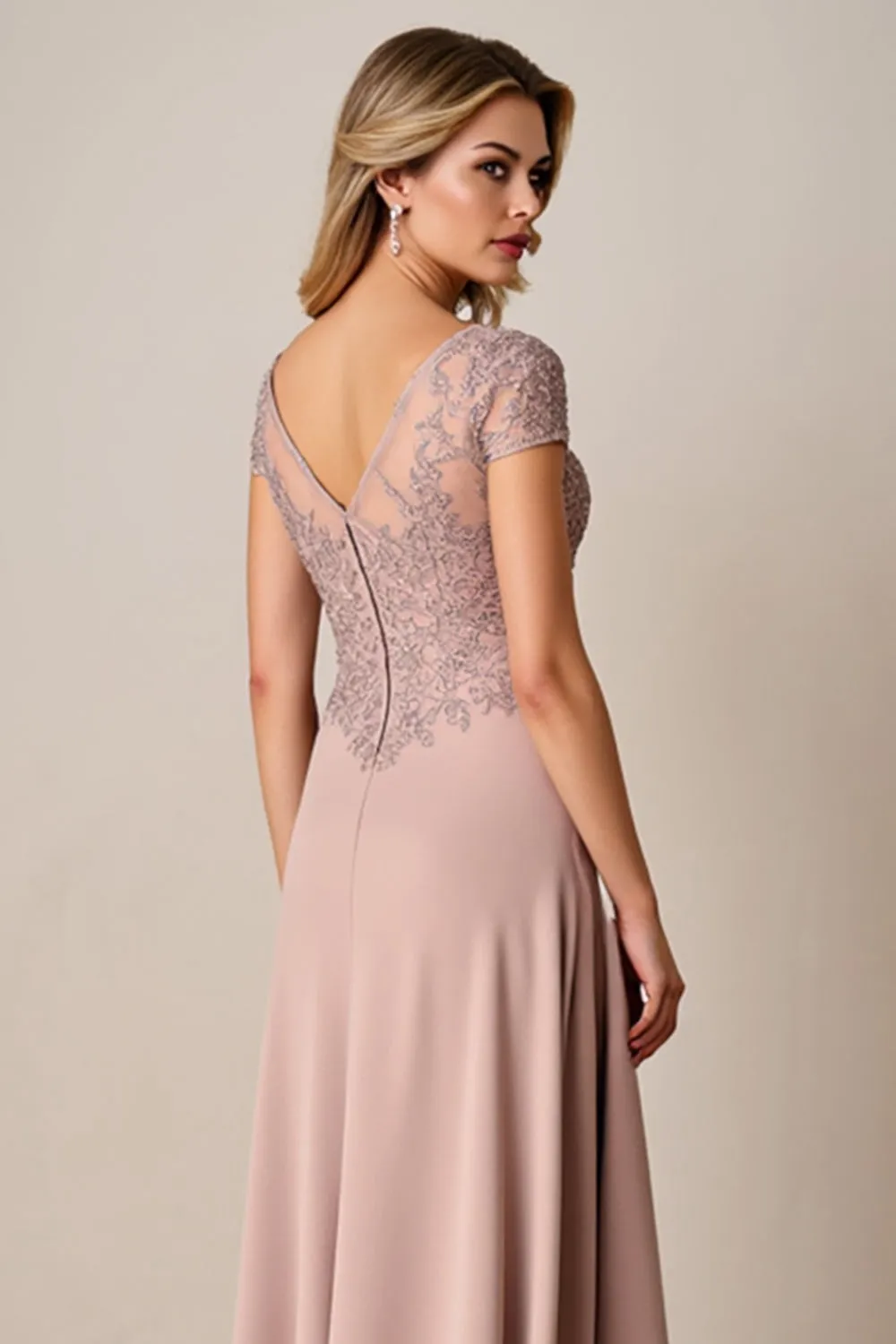 Dusty Rose A Line Satin Long Mother of the Bride Dress with Lace sold by Zapaka product image thumbnail 5