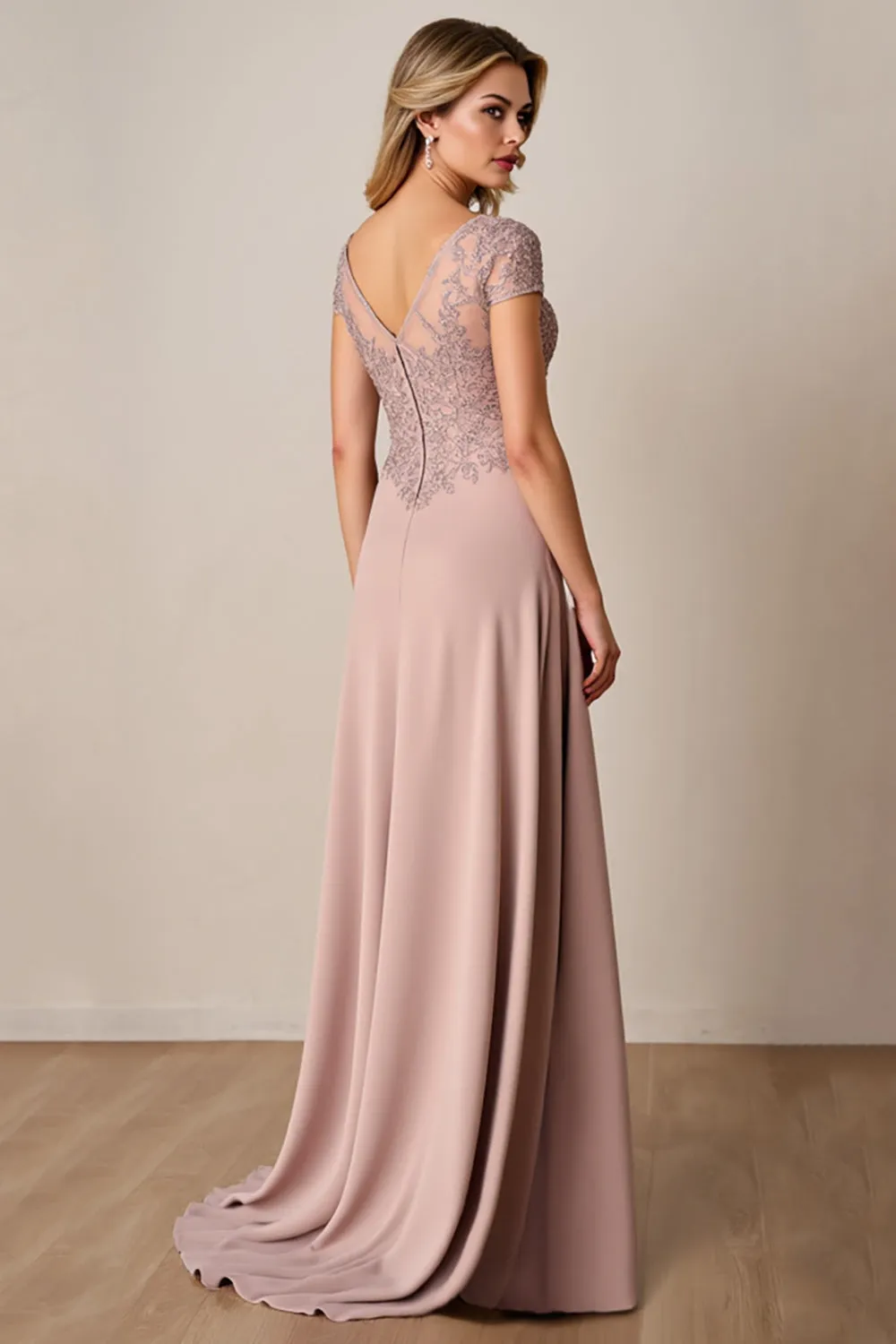 Dusty Rose A Line Satin Long Mother of the Bride Dress with Lace sold by Zapaka product image thumbnail 2