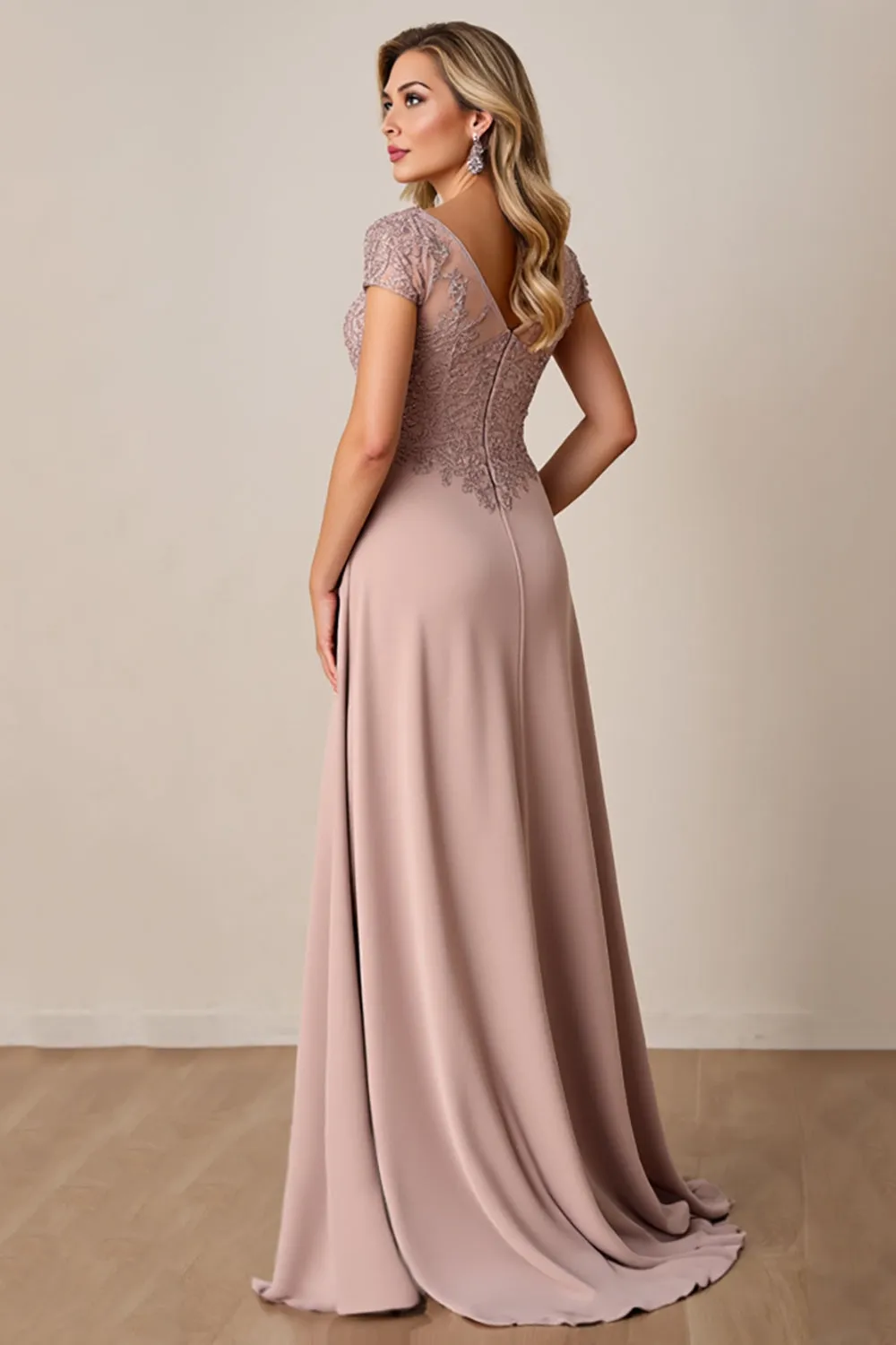Dusty Rose A Line Satin Long Mother of the Bride Dress with Lace sold by Zapaka product image thumbnail 3