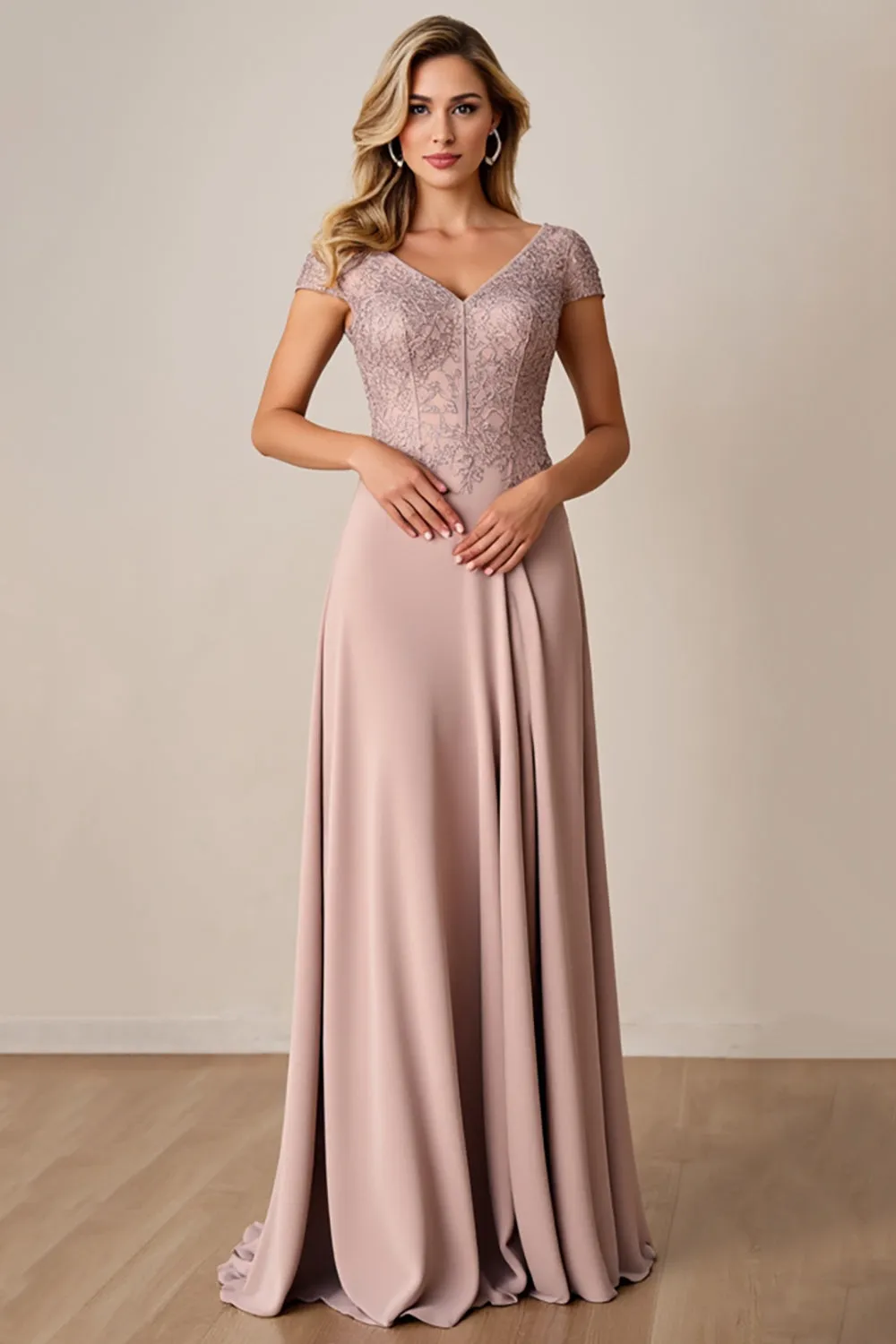 Dusty Rose A Line Satin Long Mother of the Bride Dress with Lace sold by Zapaka