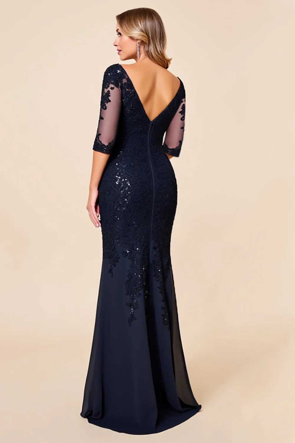 Sparkly Navy Mermaid Chiffon Long Mother of the Bride Dress with Lace sold by Zapaka product image thumbnail 2