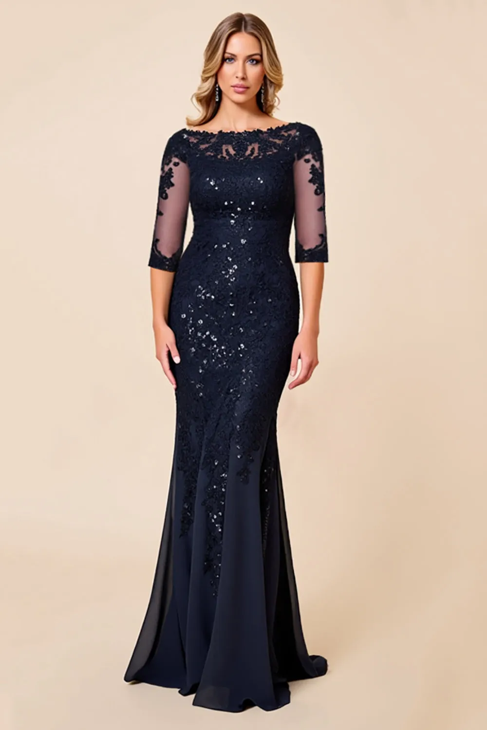 Sparkly Navy Mermaid Chiffon Long Mother of the Bride Dress with Lace sold by Zapaka product image thumbnail 3