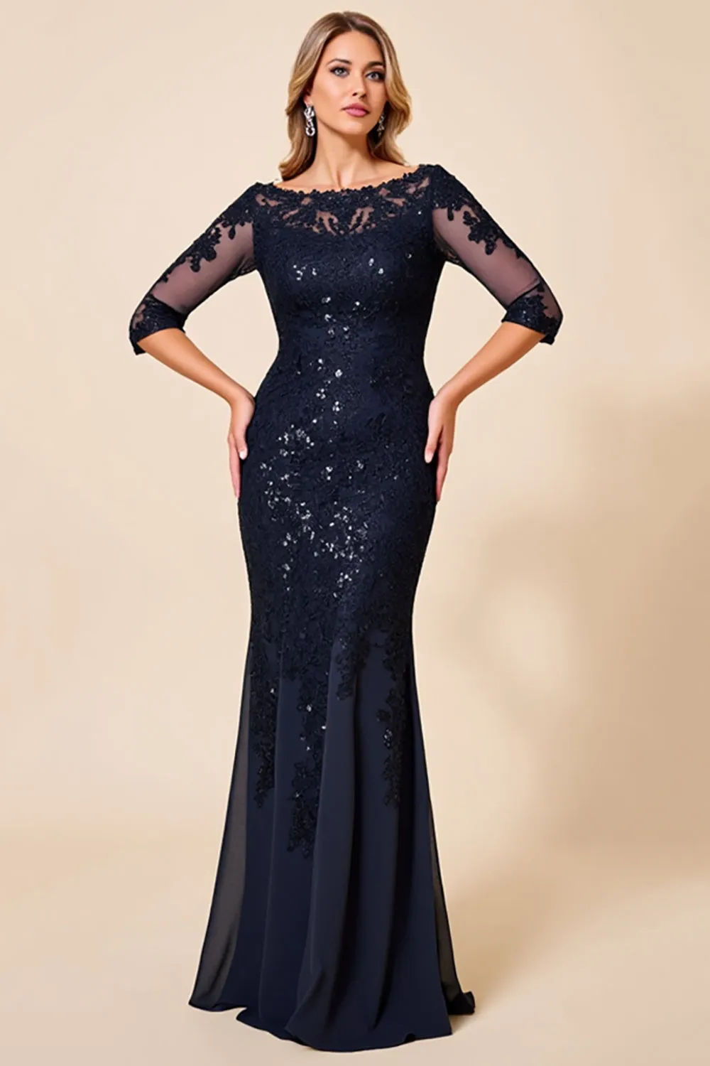 Sparkly Navy Mermaid Chiffon Long Mother of the Bride Dress with Lace sold by Zapaka
