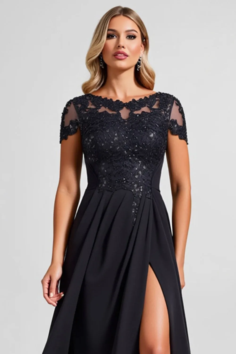 Black A Line Chiffon Applique Mother of the Bride Dress with Slit sold by Zapaka product image thumbnail 3