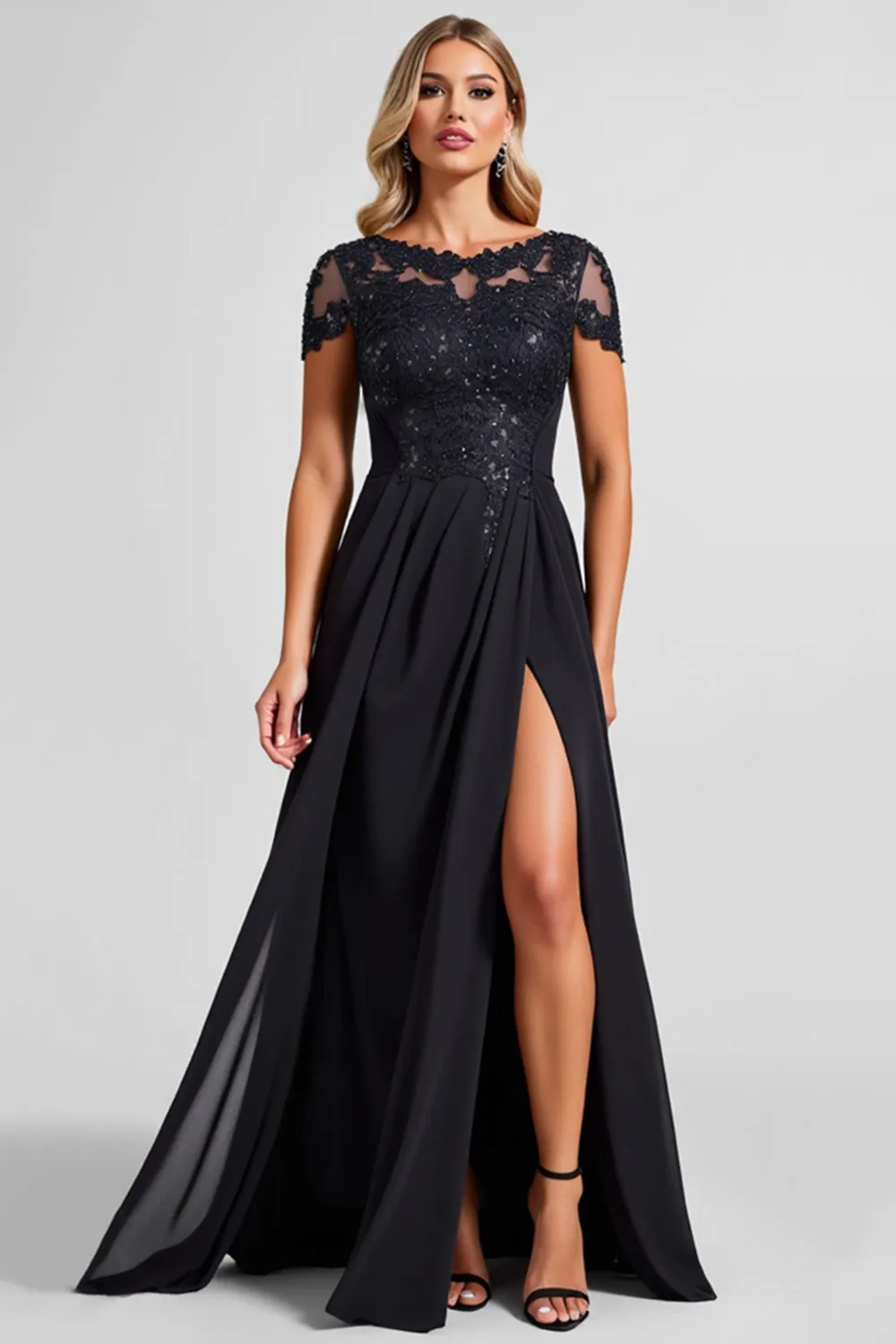 Black A Line Chiffon Applique Mother of the Bride Dress with Slit sold by Zapaka