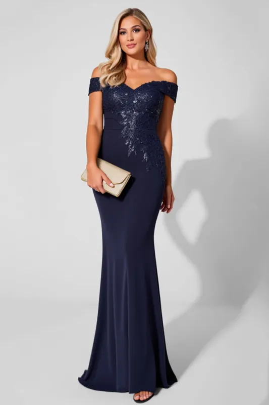 Off the Shoulder Mermaid Navy Mother of the Bride Dress with Appliques sold by Zapaka