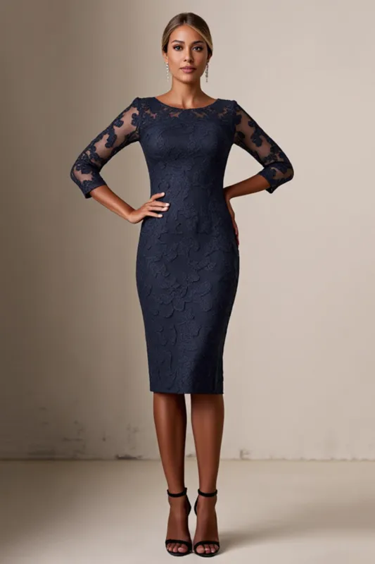 Bodycon 3/4 Sleeve Midi Navy Mother of the Bride Dress with Lace Appliques sold by Zapaka