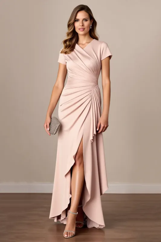 Ruched Satin Sheath Apricot Mother of the Bride Dress with Slit sold by Zapaka