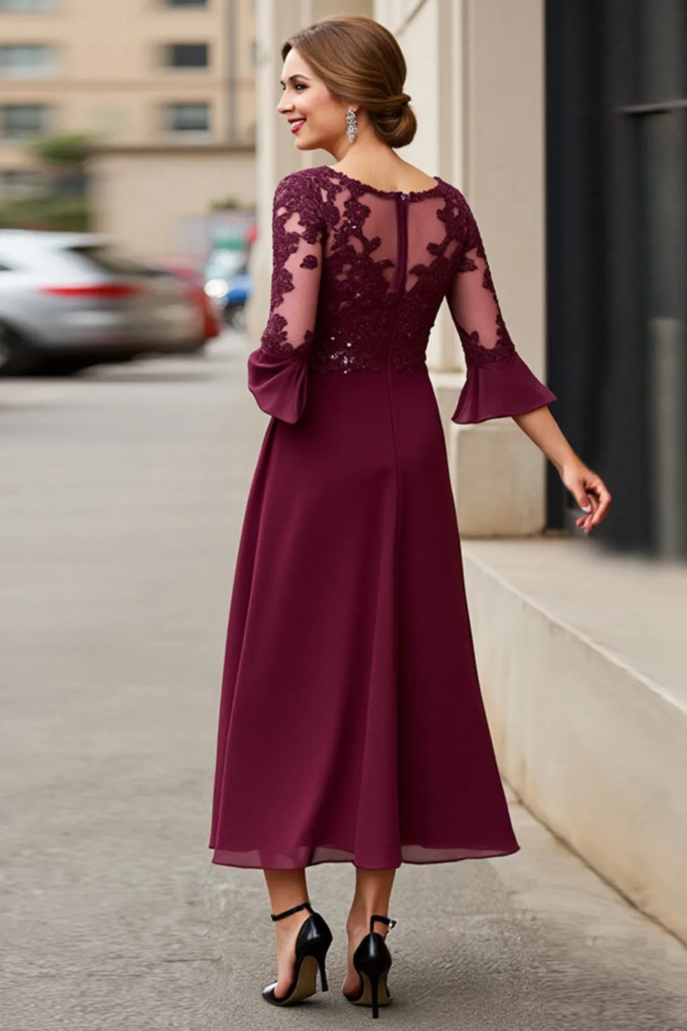 Cabernet Applique A Line Tea Length Mother of the Bride Dress sold by Zapaka product image thumbnail 2