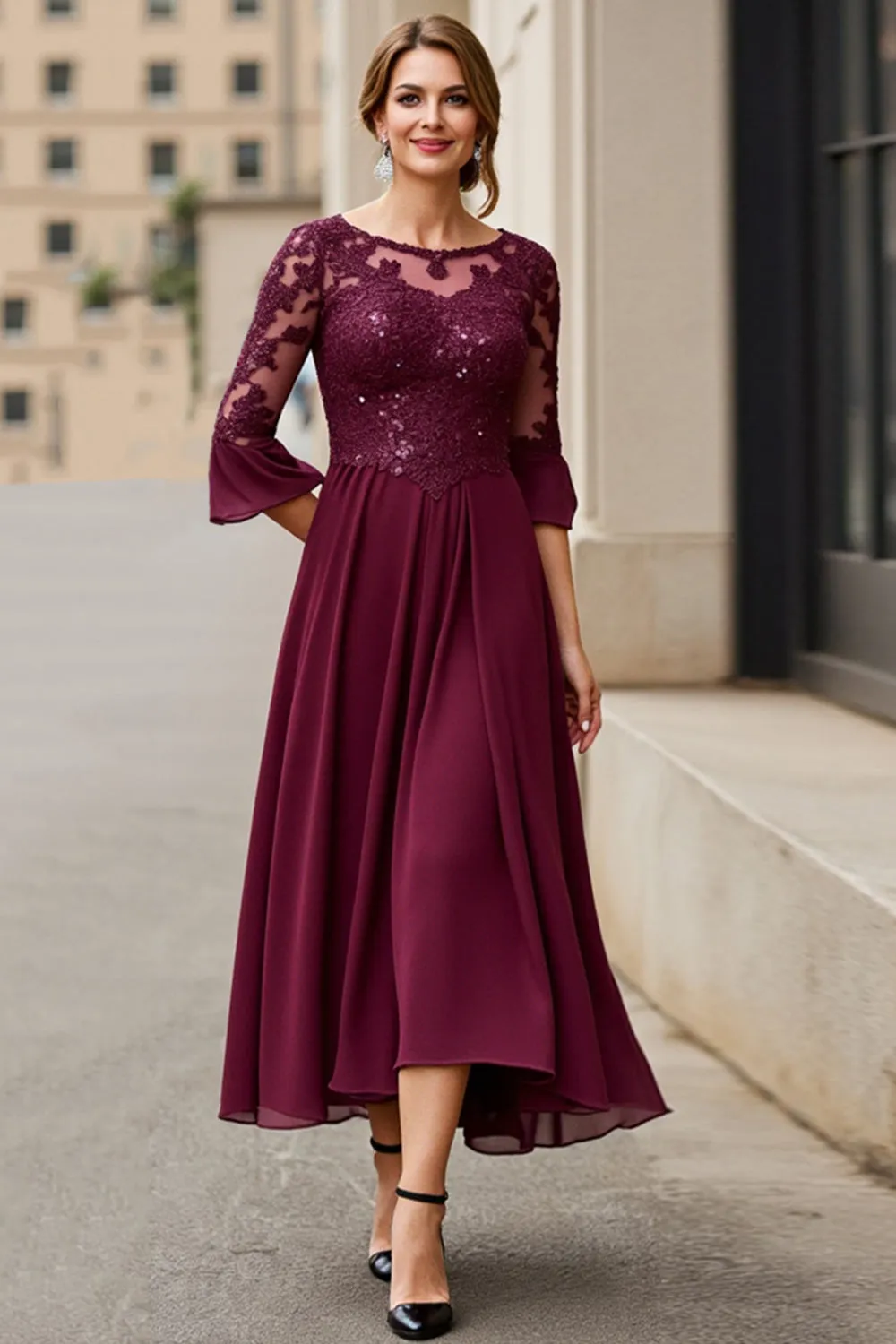 Cabernet Applique A Line Tea Length Mother of the Bride Dress sold by Zapaka product image thumbnail 3