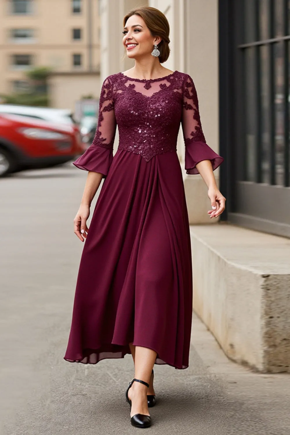 Cabernet Applique A Line Tea Length Mother of the Bride Dress sold by Zapaka