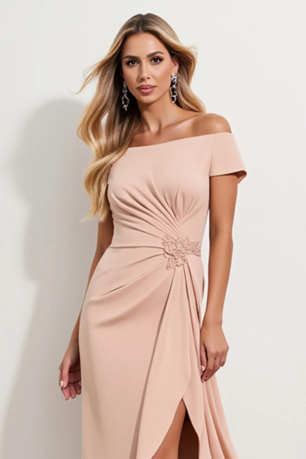Off the Shoulder Sheath Apricot Ruched Midi Mother of the Bride Dress with Slit sold by Zapaka product image thumbnail 4