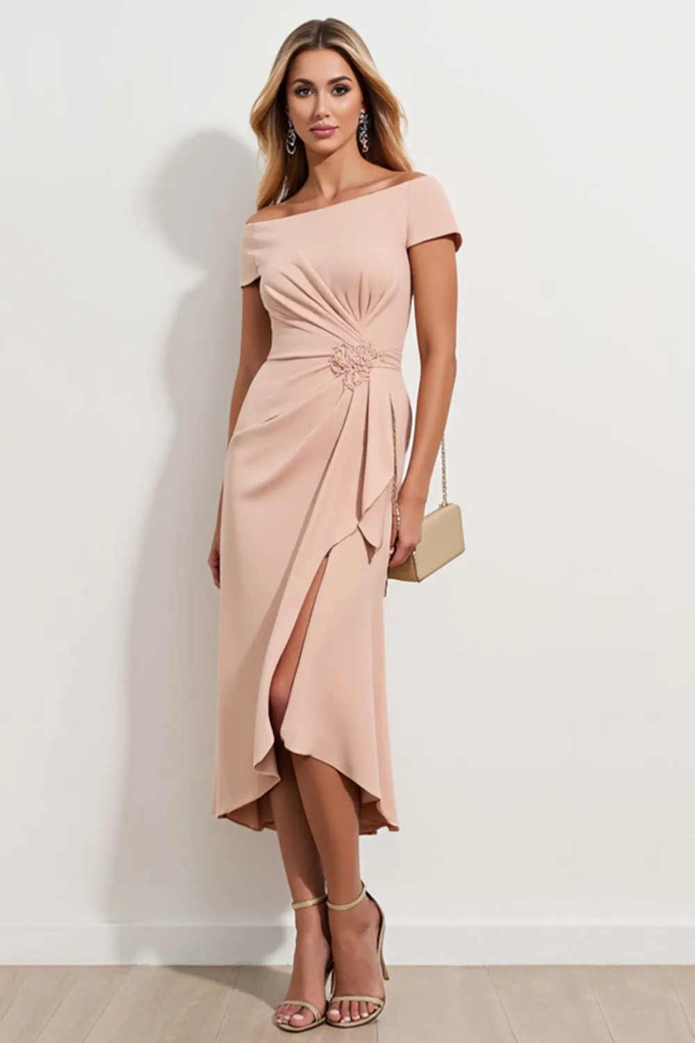 Off the Shoulder Sheath Apricot Ruched Midi Mother of the Bride Dress with Slit sold by Zapaka