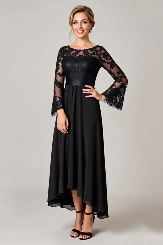 Black High Low Lace Applique Mother of the Bride Dress with Long Sleeves sold by Zapaka