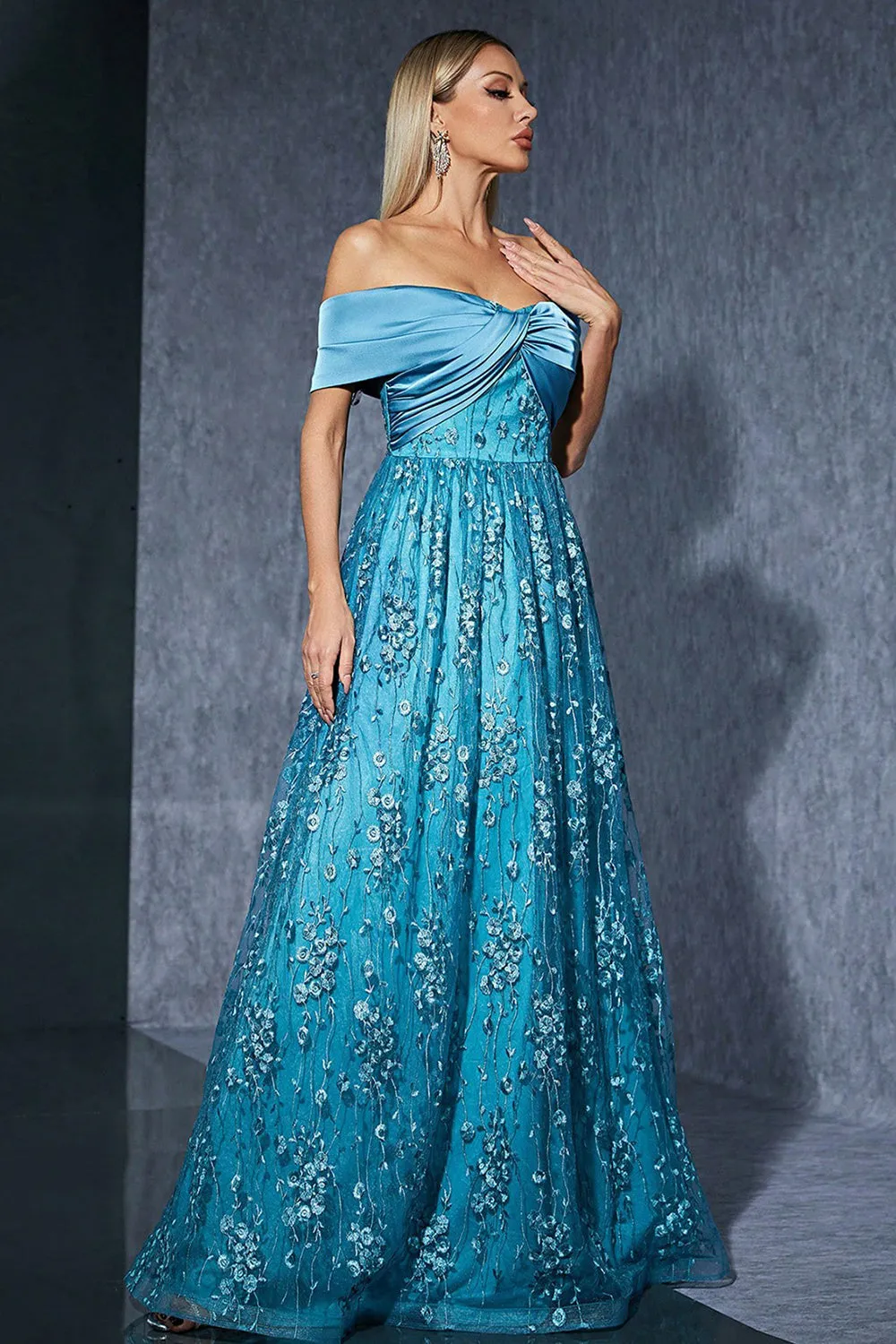 Blue Tulle Off the Shoulder Mother of the Bride Dress with Appliques sold by Zapaka product image thumbnail 3