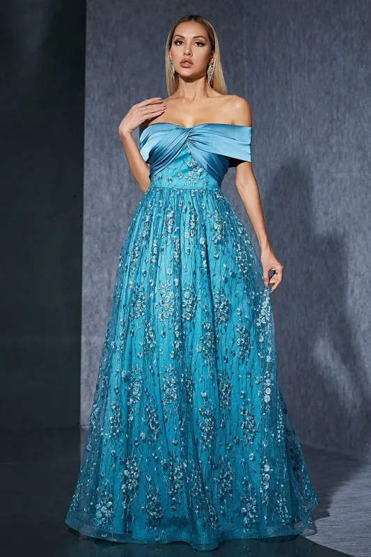 Blue Tulle Off the Shoulder Mother of the Bride Dress with Appliques sold by Zapaka