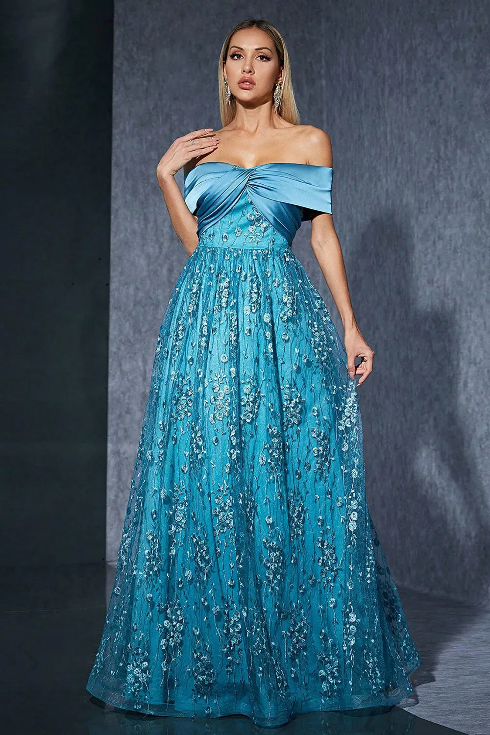 Blue Tulle Off the Shoulder Mother of the Bride Dress with Appliques sold by Zapaka