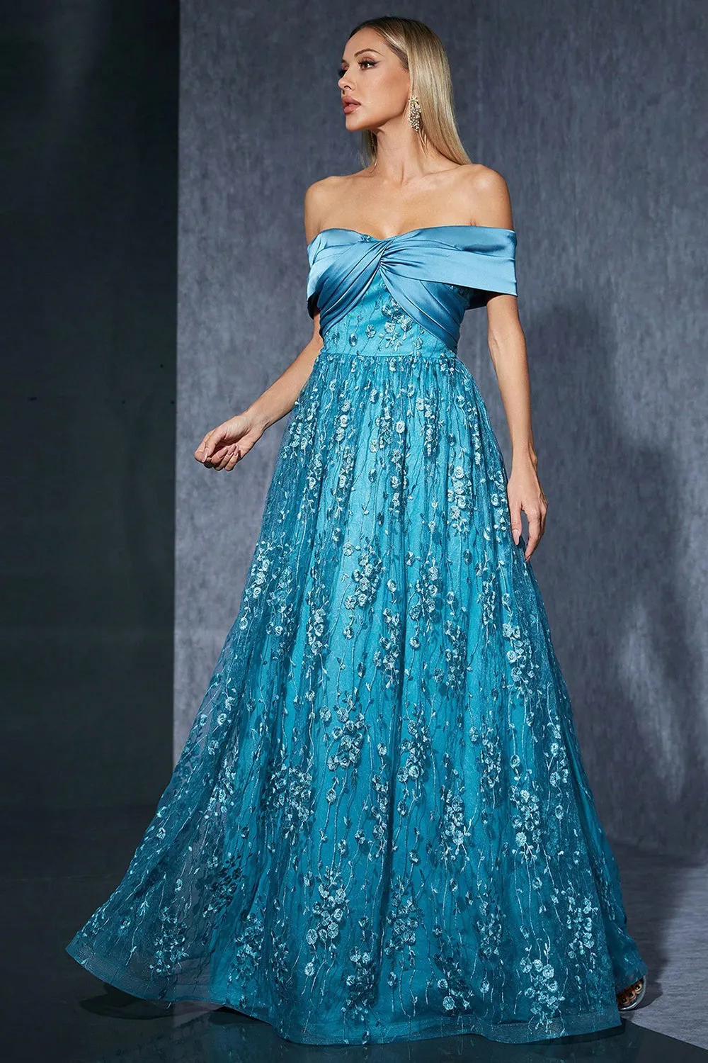 Blue Tulle Off the Shoulder Mother of the Bride Dress with Appliques sold by Zapaka product image thumbnail 4