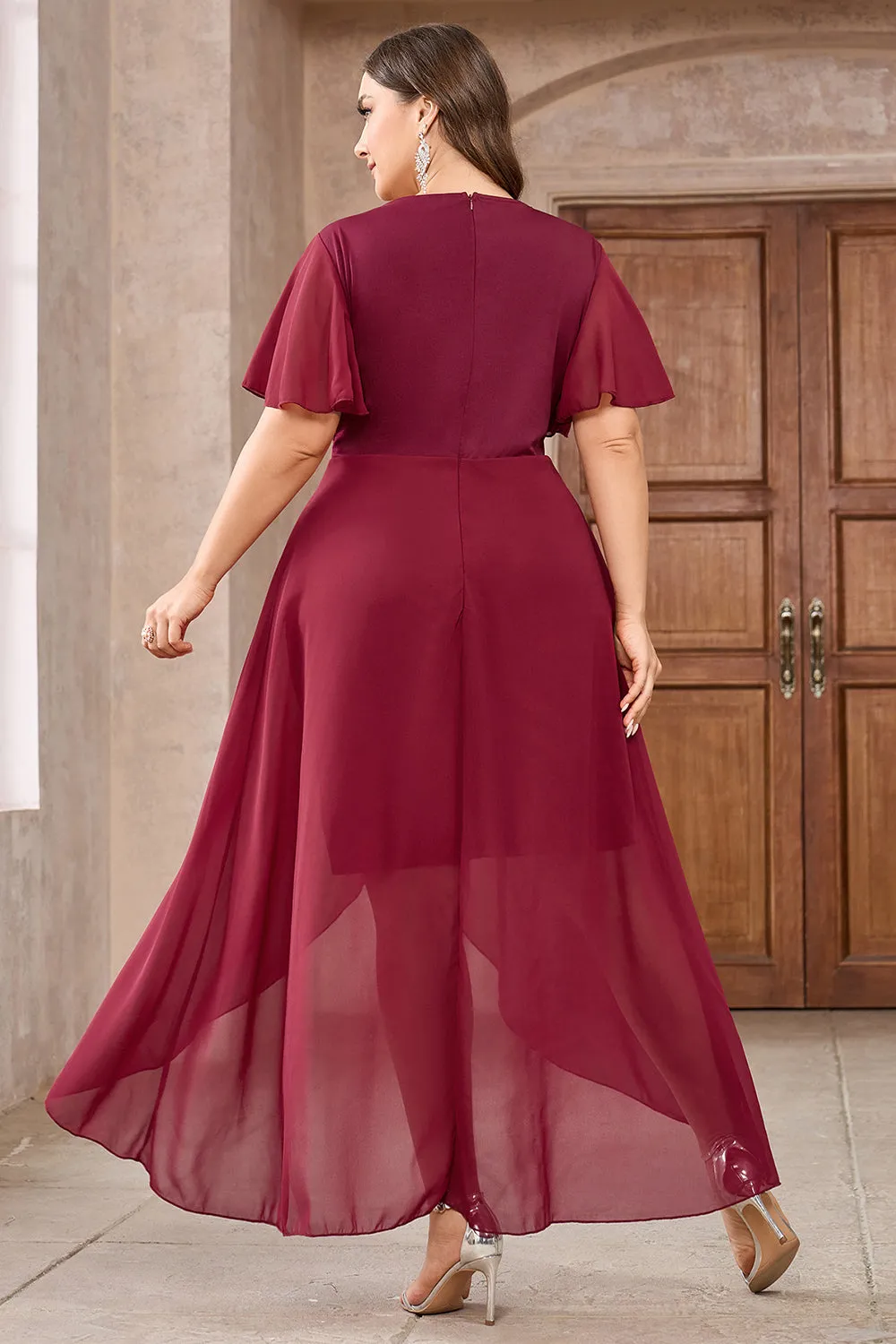 Burgundy Chiffon High-Low Mother of the Bride Dress with Lace sold by Zapaka product image thumbnail 2