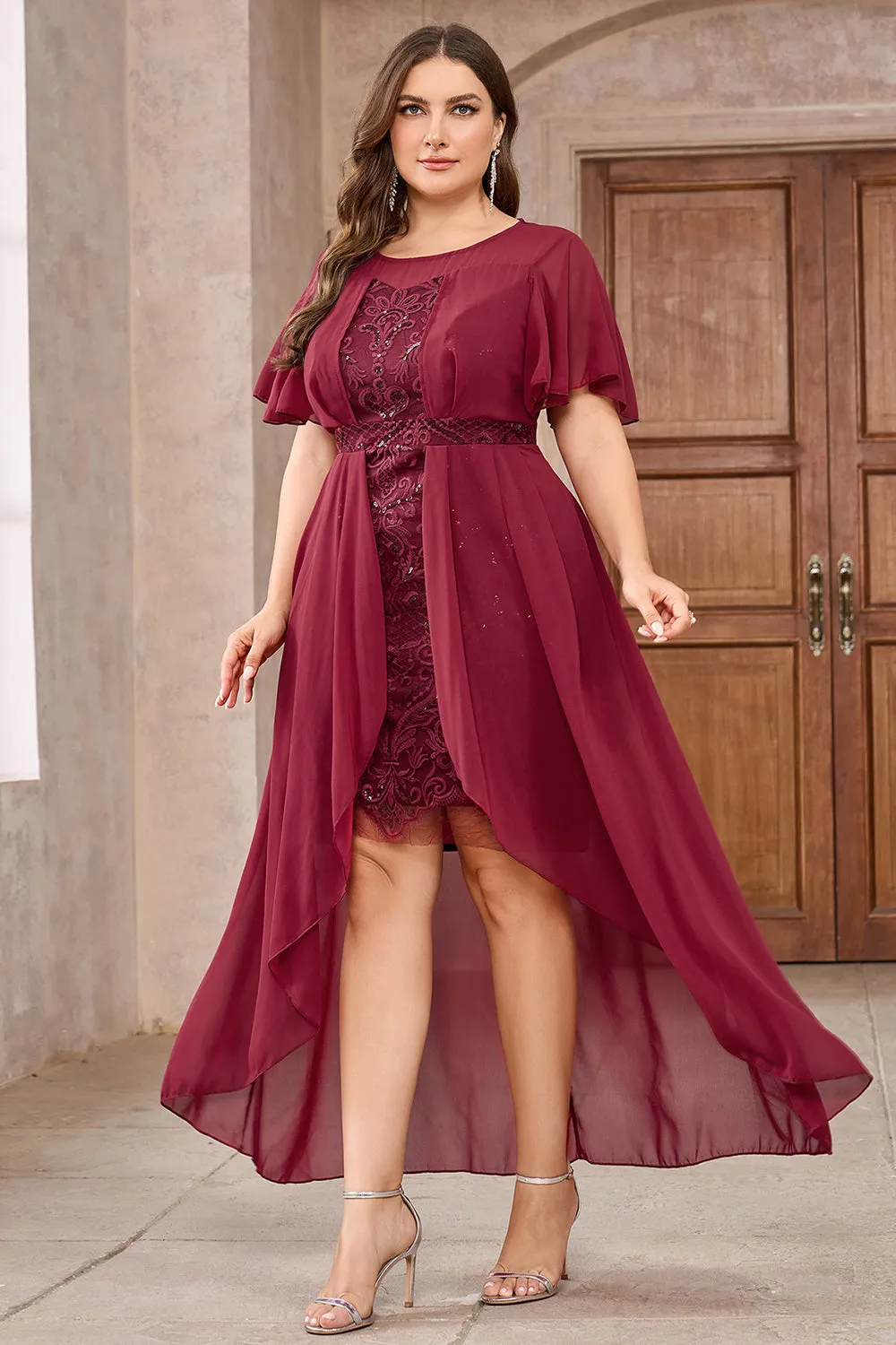 Burgundy Chiffon High-Low Mother of the Bride Dress with Lace sold by Zapaka product image thumbnail 4