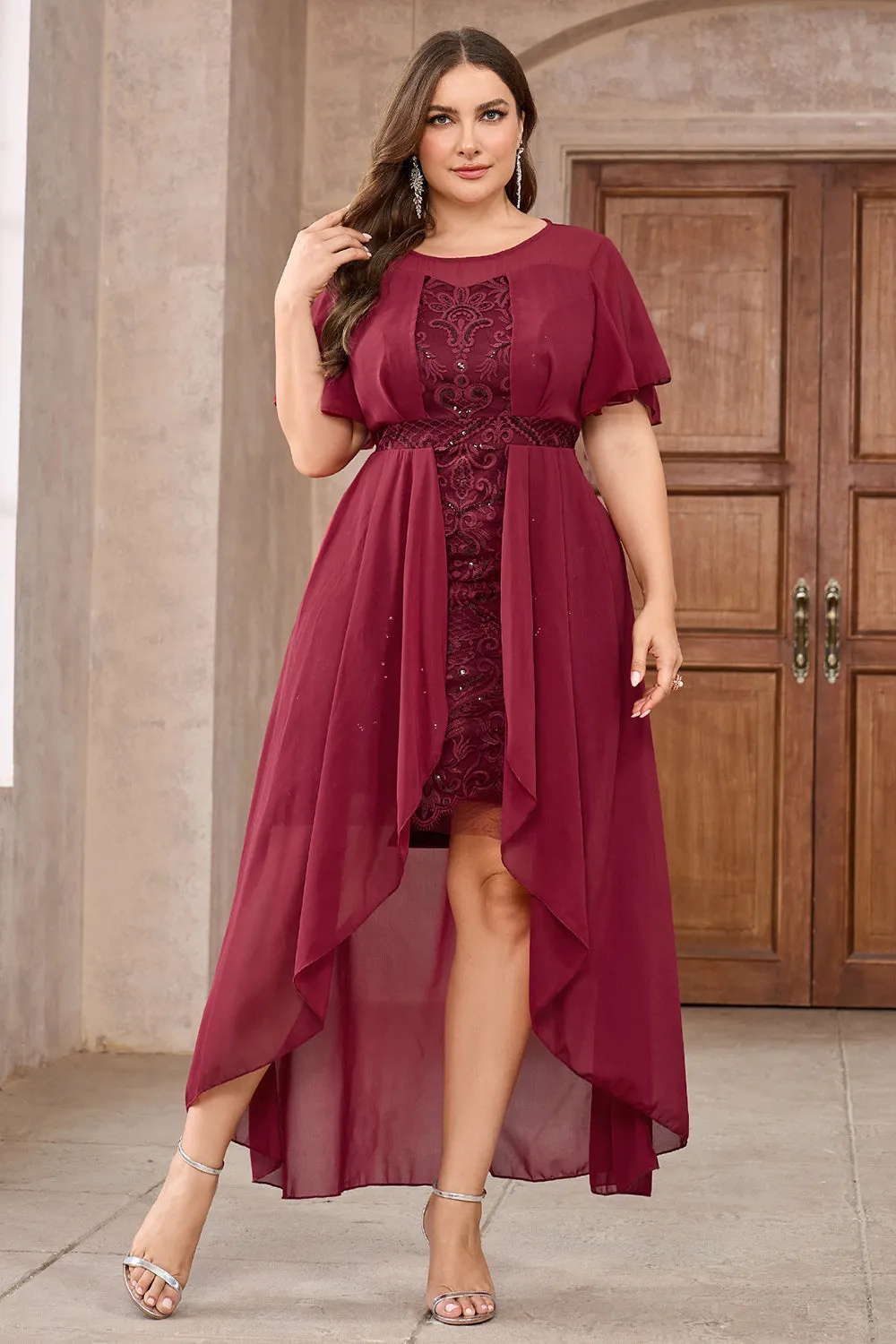 Burgundy Chiffon High-Low Mother of the Bride Dress with Lace sold by Zapaka
