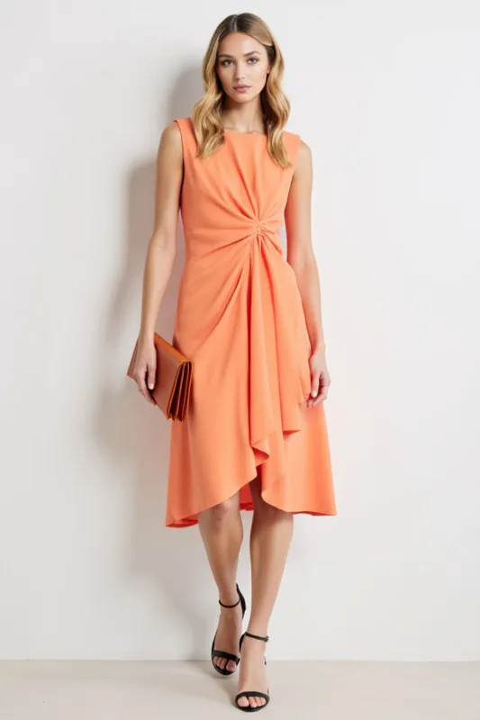 Ruched Orange A Line Midi Work Dress sold by Zapaka
