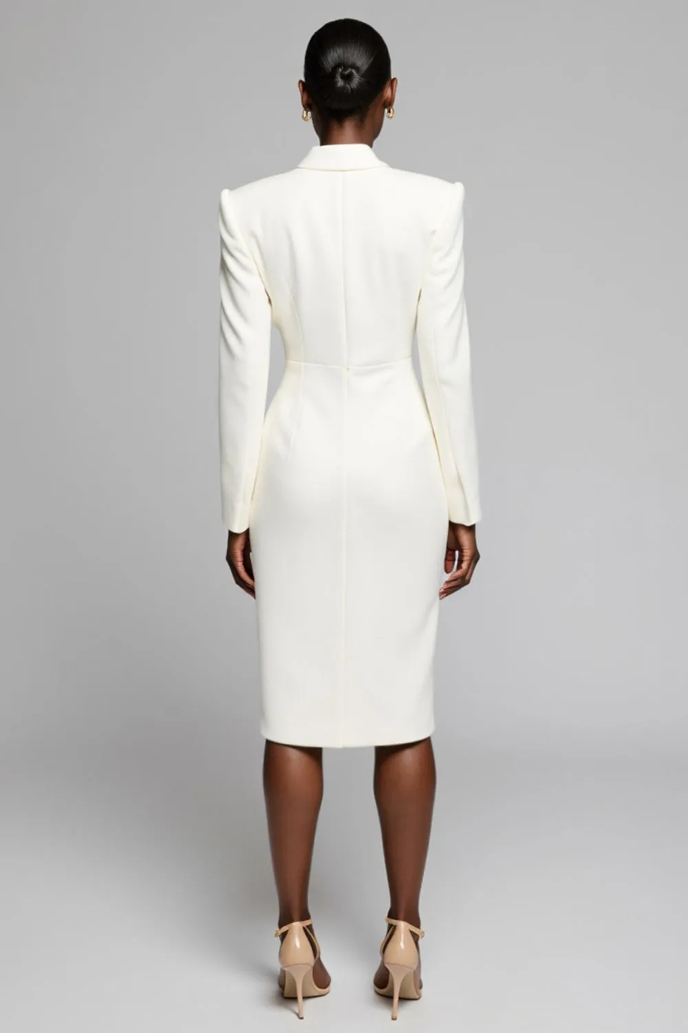 White Notched Lapel Sheath Work Dress with Long Sleeves sold by Zapaka product image thumbnail 2