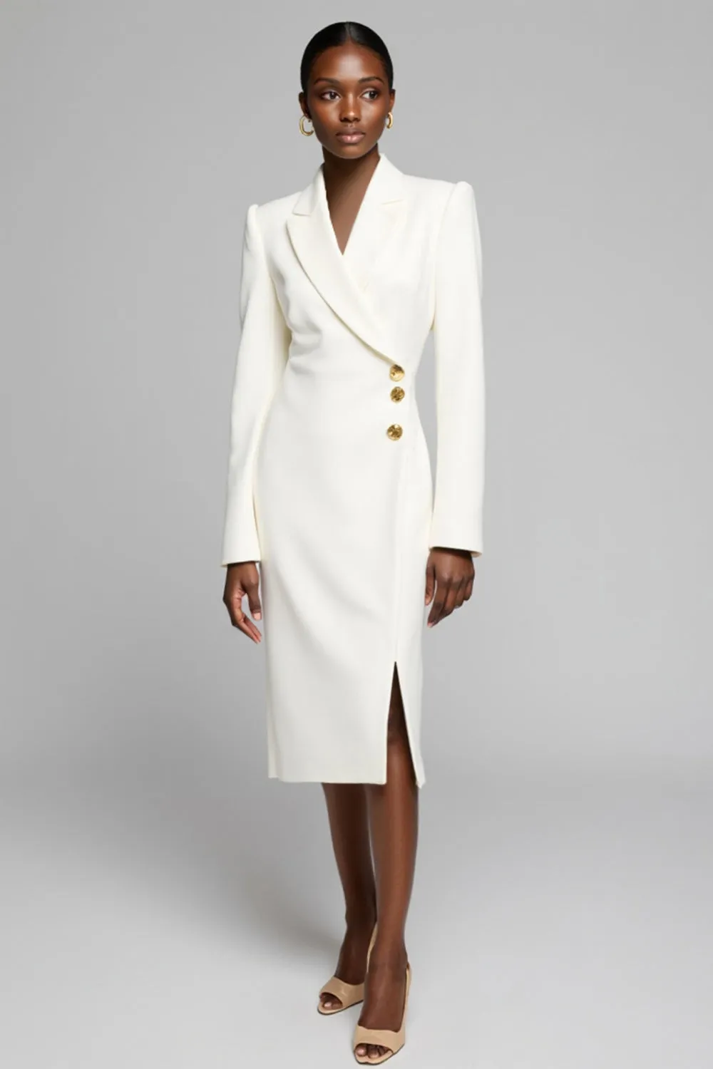 White Notched Lapel Sheath Work Dress with Long Sleeves sold by Zapaka