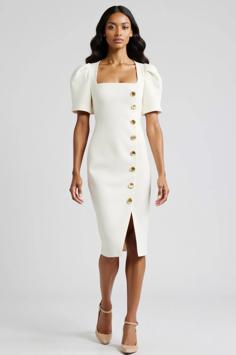 White Bodycon Work Dress with Buttons sold by Zapaka