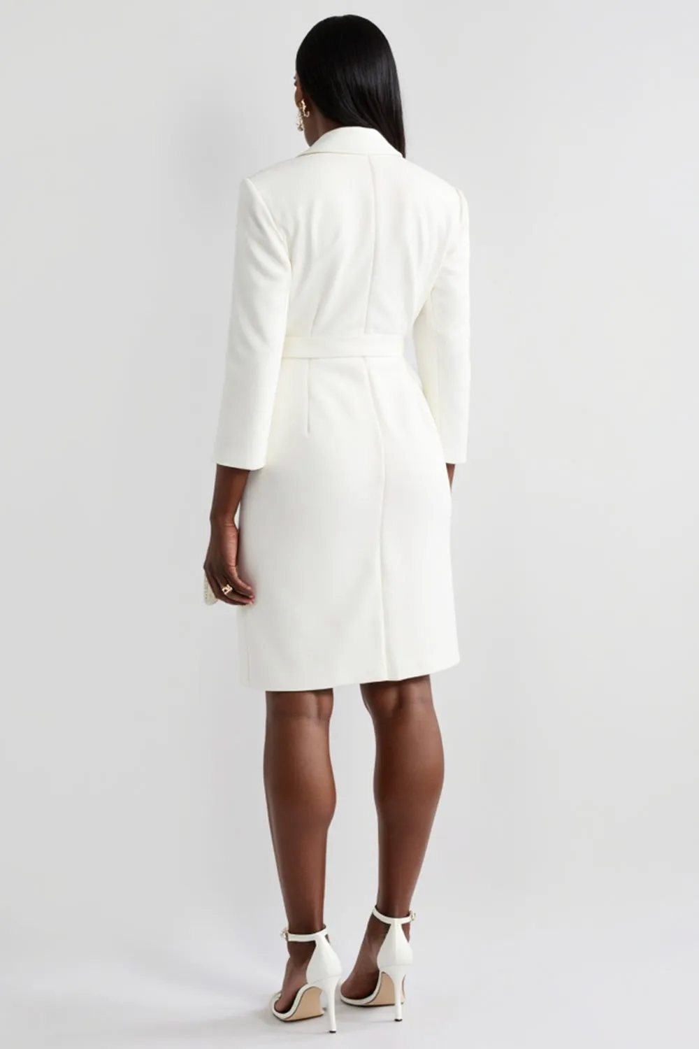 White Notched Lapel Sheath Work Dress with Long Sleeves sold by Zapaka product image thumbnail 2