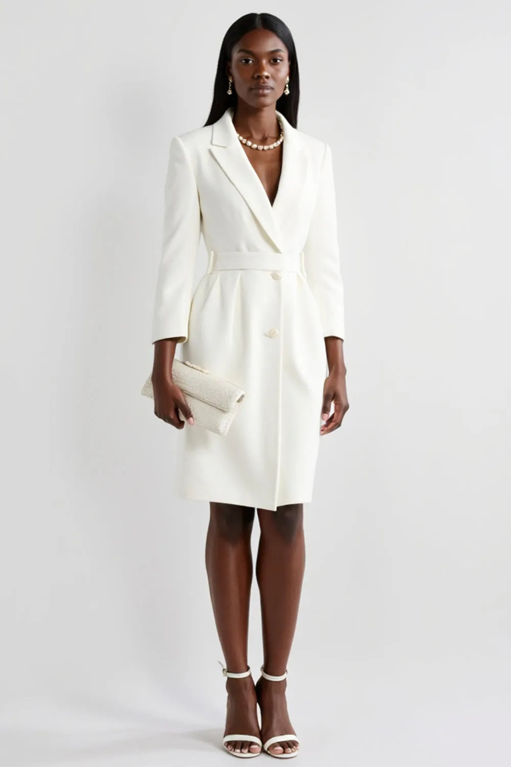 White Notched Lapel Sheath Work Dress with Long Sleeves sold by Zapaka