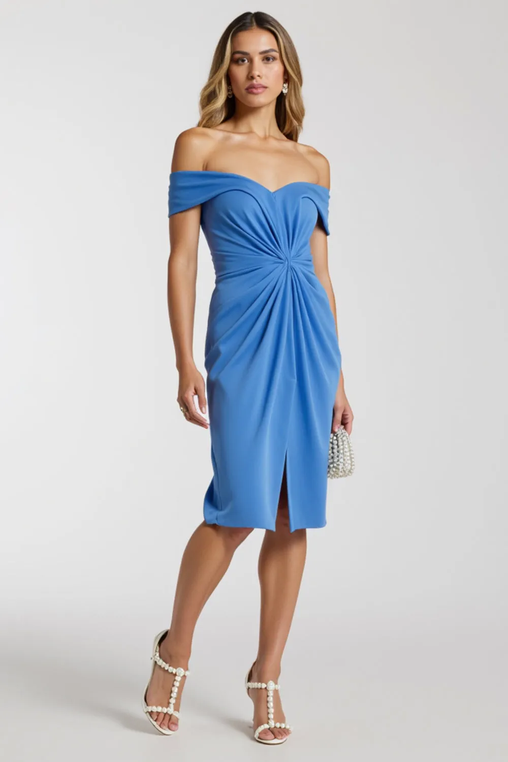 Blue Ruched Off The Shoulder Bodycon Work Dress with Slit sold by Zapaka